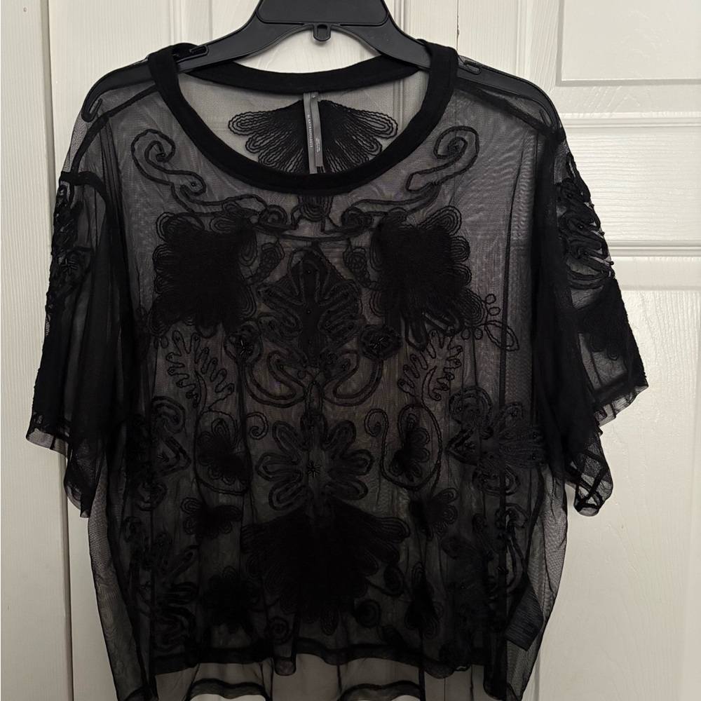 Anthropologie Black Sheer Embroidered Top